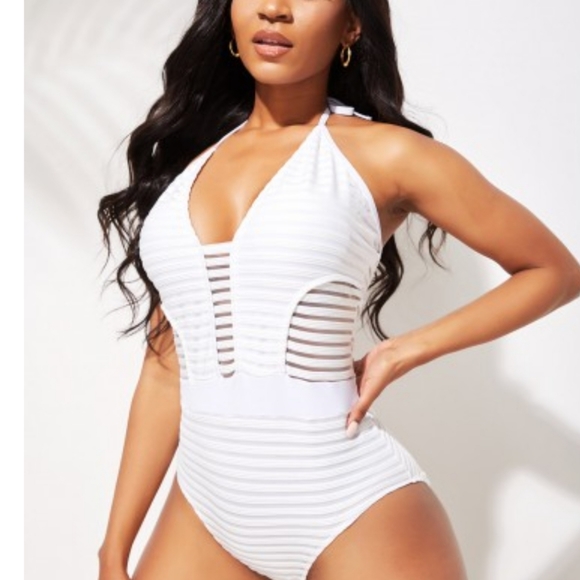 HALTER LADDER CUTOUT WHITE ONE PIECE SWIMWEAR - Picture 3 of 5